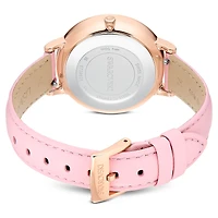 Teddy watch, Swiss Made, Leather strap, Pink, Rose gold-tone finish by SWAROVSKI