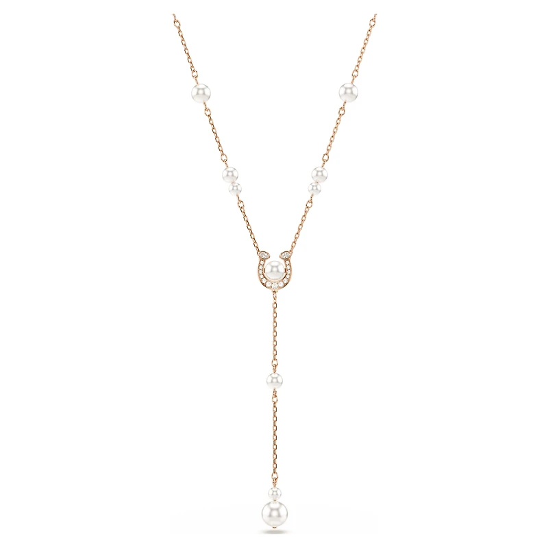 Symbolica y necklace, Crystal pearl, Pavé, Horse shoe, White, 18K rose gold finish