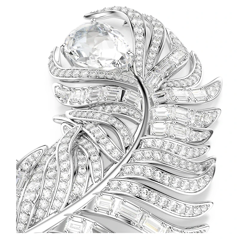 Vienna brooch, Mixed cuts, Feather, White, Rhodium plated