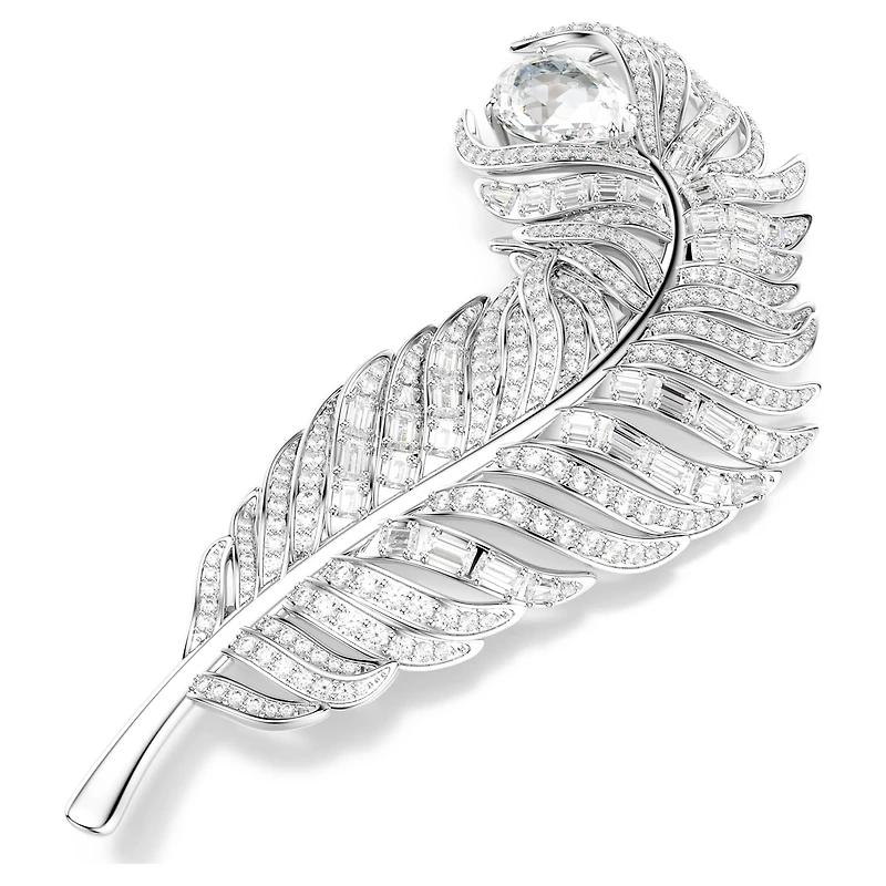 Vienna brooch, Mixed cuts, Feather, White, Rhodium plated