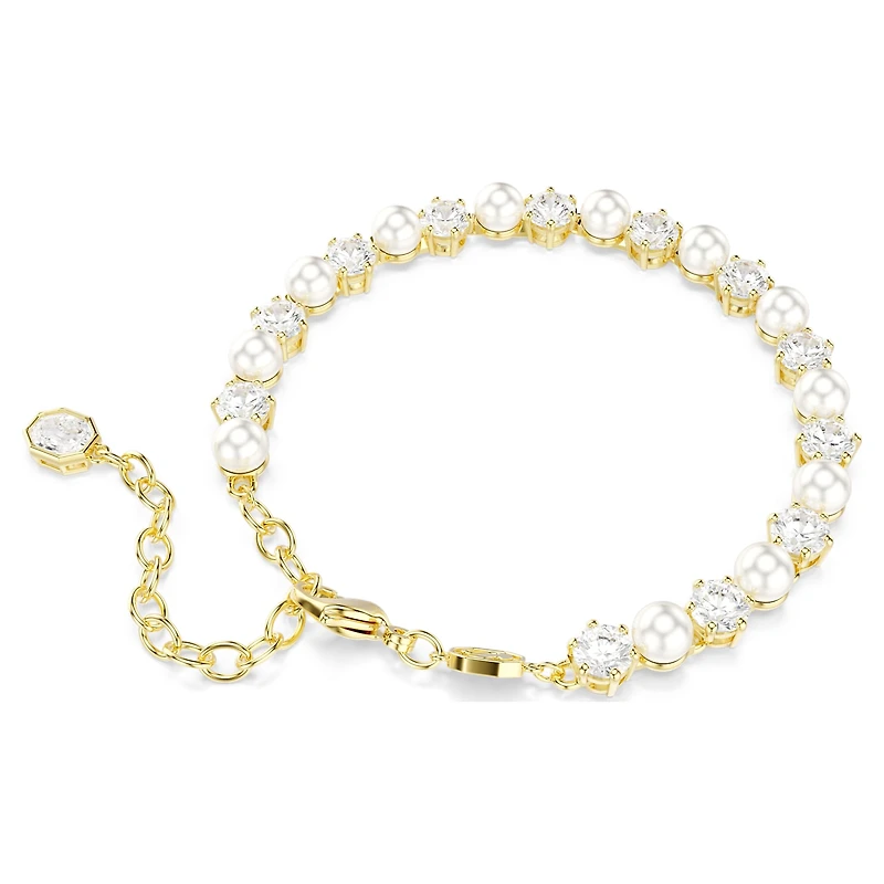 Matrix Tennis bracelet, Crystal pearl, Round cut, White, 18K gold finish