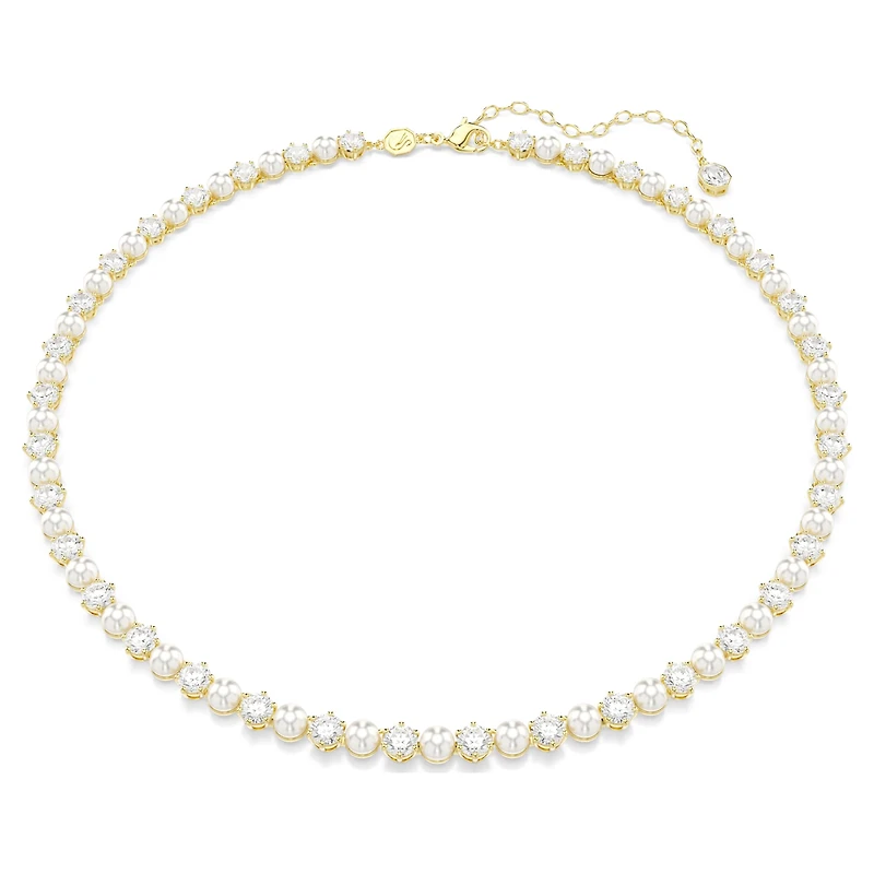 Matrix Tennis necklace, Crystal pearl, Round cut, White, 18K gold finish