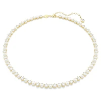 Matrix Tennis necklace, Crystal pearl, Round cut, White, 18K gold finish