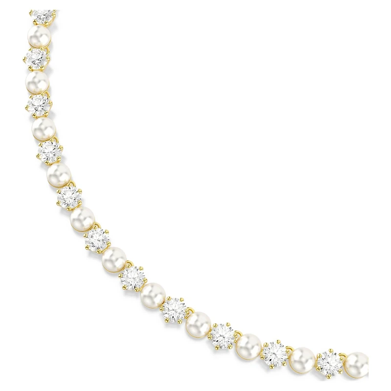 Matrix Tennis necklace, Crystal pearl, Round cut, White, 18K gold finish
