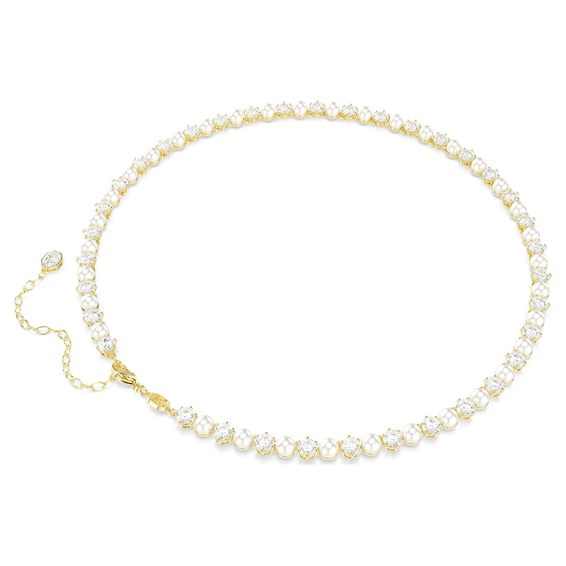 Matrix Tennis necklace, Crystal pearl, Round cut, White, 18K gold finish