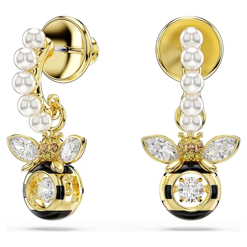 Idyllia drop earrings, Crystal pearl, Mixed cuts, Bee, Multicoloured, 18K gold finish