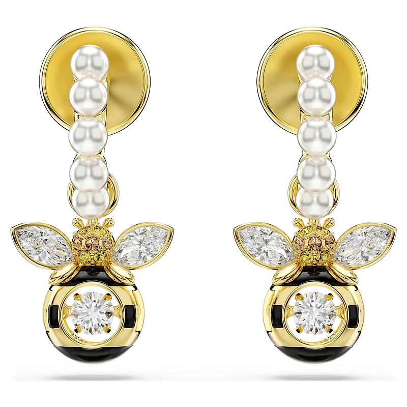 Idyllia drop earrings, Crystal pearl, Mixed cuts, Bee, Multicoloured, 18K gold finish