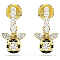 Idyllia drop earrings, Crystal pearl, Mixed cuts, Bee, Multicoloured, 18K gold finish