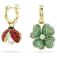 Idyllia drop earrings, Set (3), Ladybird, clover, strawberry, Multicoloured, 18K gold finish