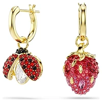 Idyllia drop earrings, Set (3), Ladybird, clover, strawberry, Multicoloured, 18K gold finish