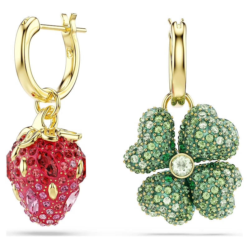 Idyllia drop earrings, Set (3), Ladybird, clover, strawberry, Multicoloured, 18K gold finish