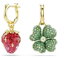 Idyllia drop earrings, Set (3), Ladybird, clover, strawberry, Multicoloured, 18K gold finish