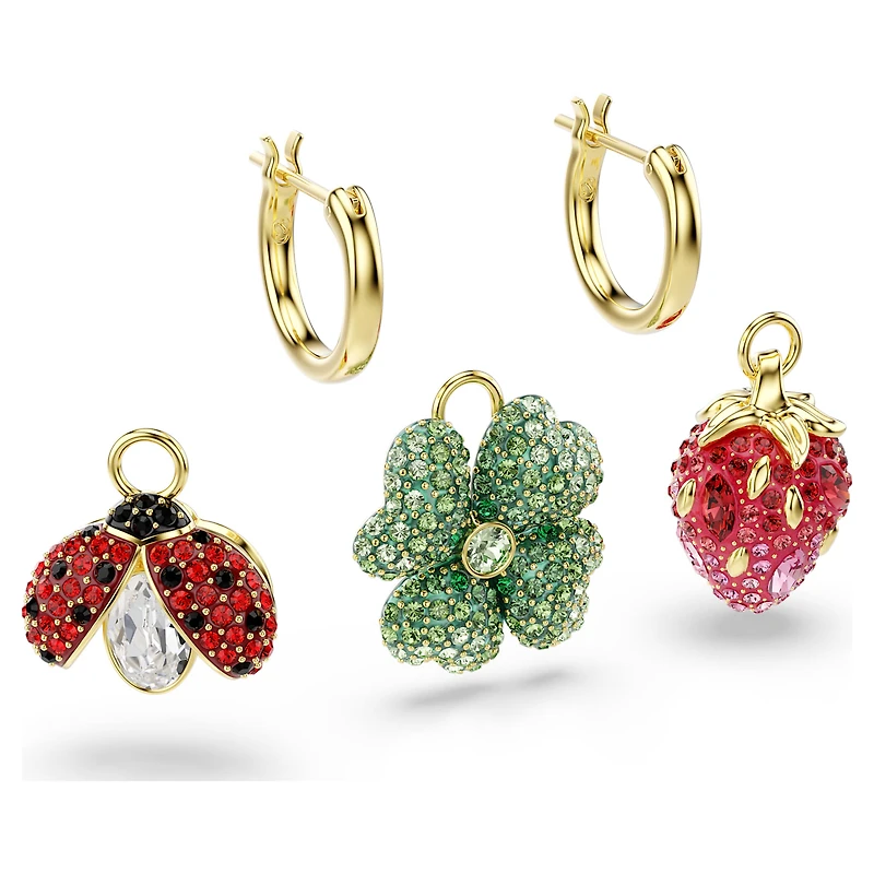 Idyllia drop earrings, Set (3), Ladybird, clover, strawberry, Multicoloured, 18K gold finish