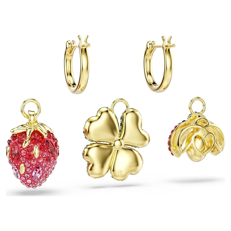 Idyllia drop earrings, Set (3), Ladybird, clover, strawberry, Multicoloured, 18K gold finish