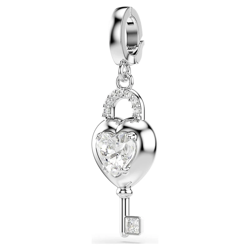 Idyllia charm, Mixed cuts, Heart with key, White, Rhodium plated by SWAROVSKI
