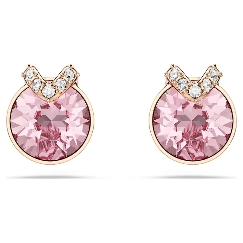 Bella V stud earrings, Round cut, Pavé, Pink, 18K rose gold finish