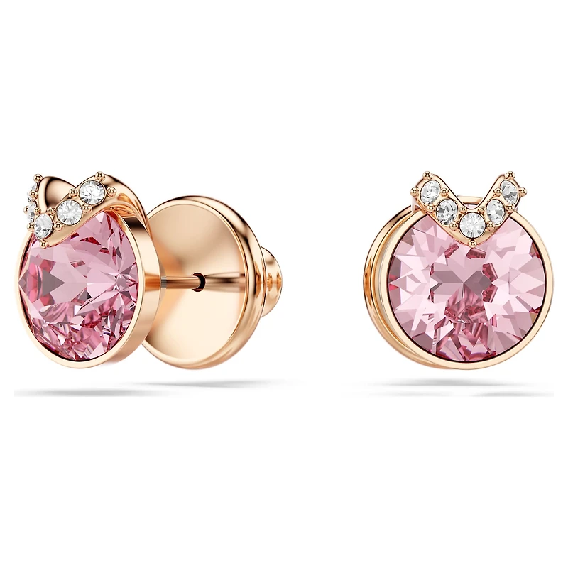 Bella V stud earrings, Round cut, Pavé, Pink, 18K rose gold finish