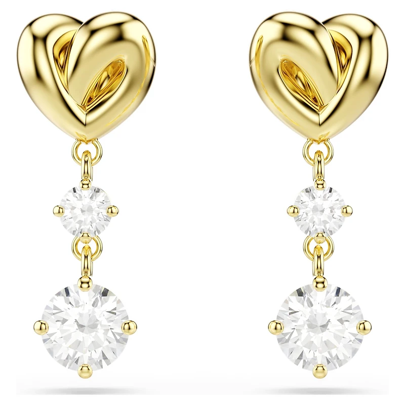 Lifelong drop earrings, Round cut, Heart, White, 18K gold finish