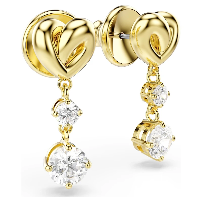 Lifelong drop earrings, Round cut, Heart, White, 18K gold finish