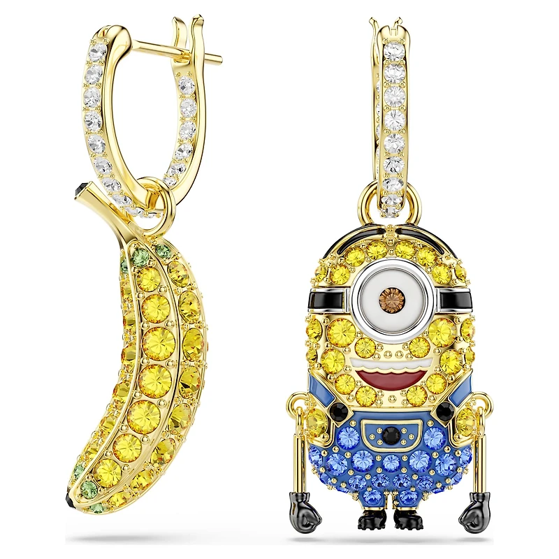 Minions Stuart and Banana drop earrings, Pavé, Mini, Multicoloured, 18K gold finish