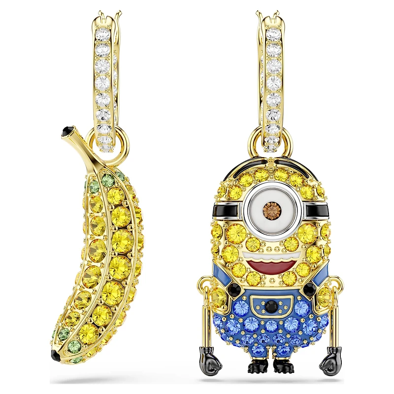 Minions Stuart and Banana drop earrings, Pavé, Mini, Multicoloured, Gold-tone plated