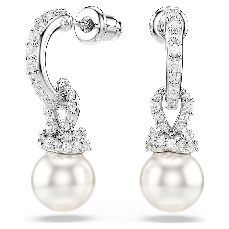 Originally drop earrings, Crystal pearl, Pavé, White, Rhodium plated by SWAROVSKI