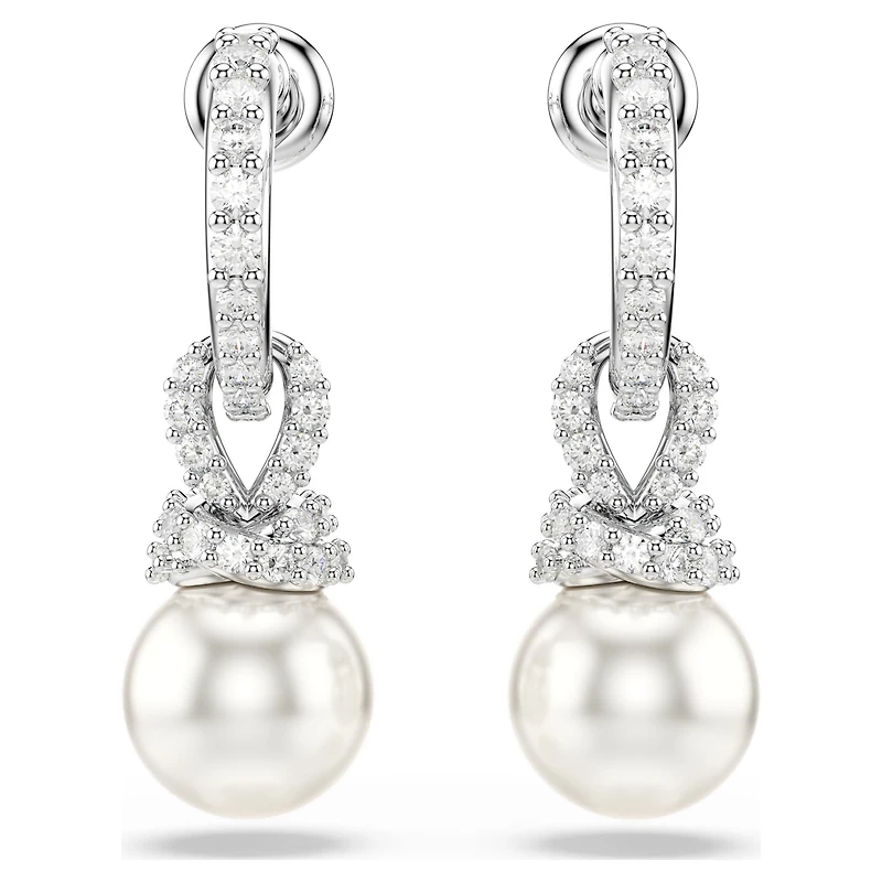 Originally drop earrings, Crystal pearl, Pavé, White, Rhodium plated by SWAROVSKI
