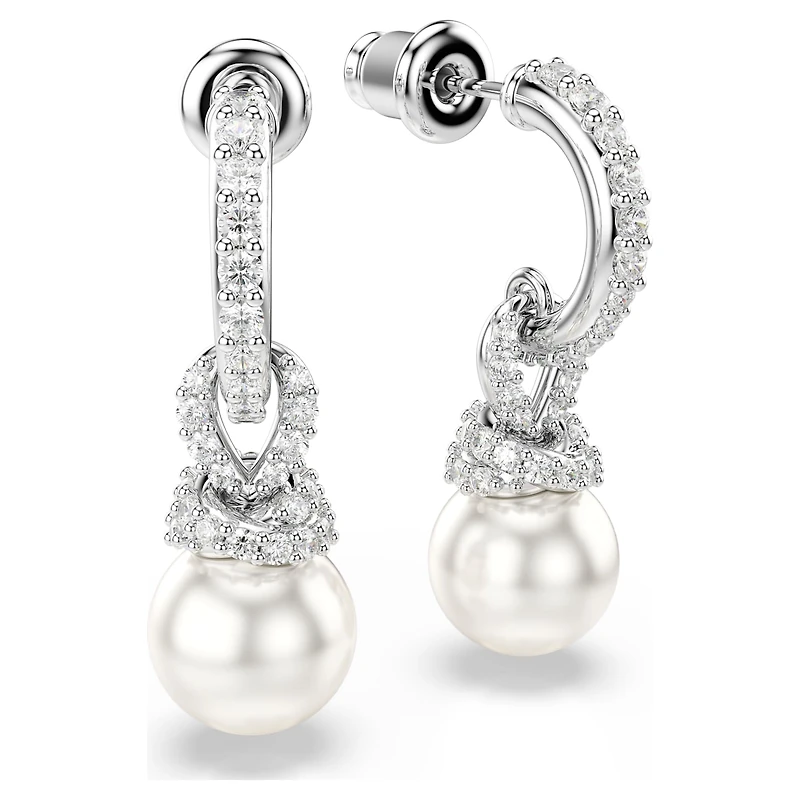 Originally drop earrings, Crystal pearl, Pavé, White, Rhodium plated by SWAROVSKI