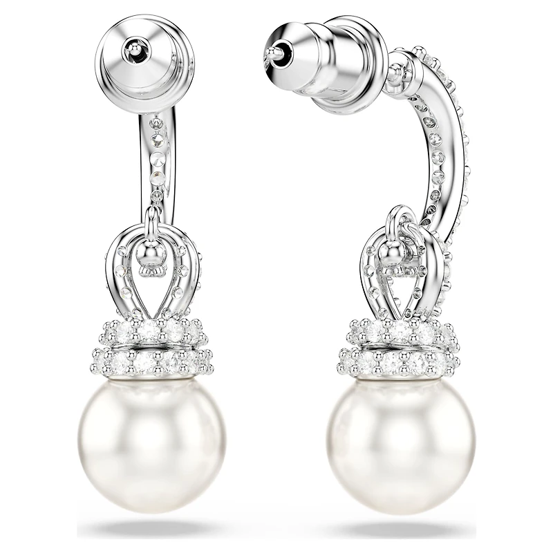 Originally drop earrings, Crystal pearl, Pavé, White, Rhodium plated by SWAROVSKI