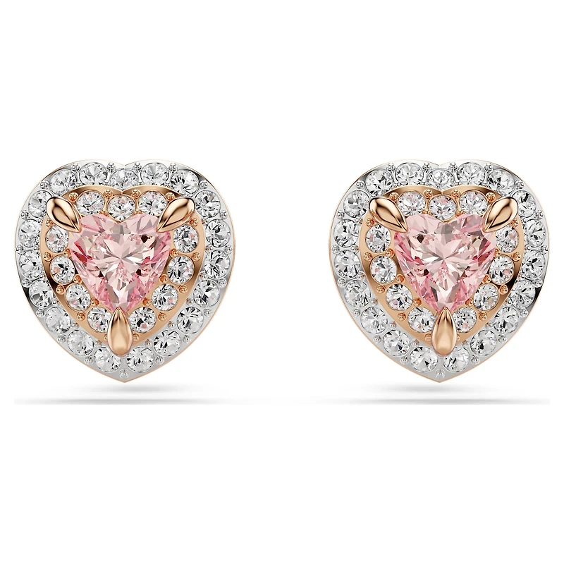 One stud earrings, Heart cut, Pavé, Heart, Pink, 18K rose gold finish