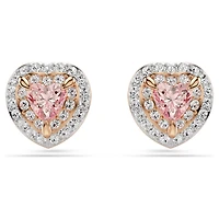 One stud earrings, Heart cut, Pavé, Heart, Pink, 18K rose gold finish