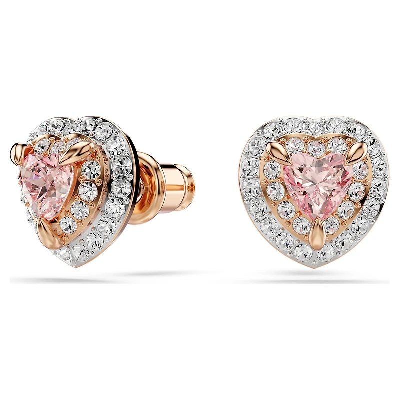 One stud earrings, Heart cut, Pavé, Heart, Pink, 18K rose gold finish