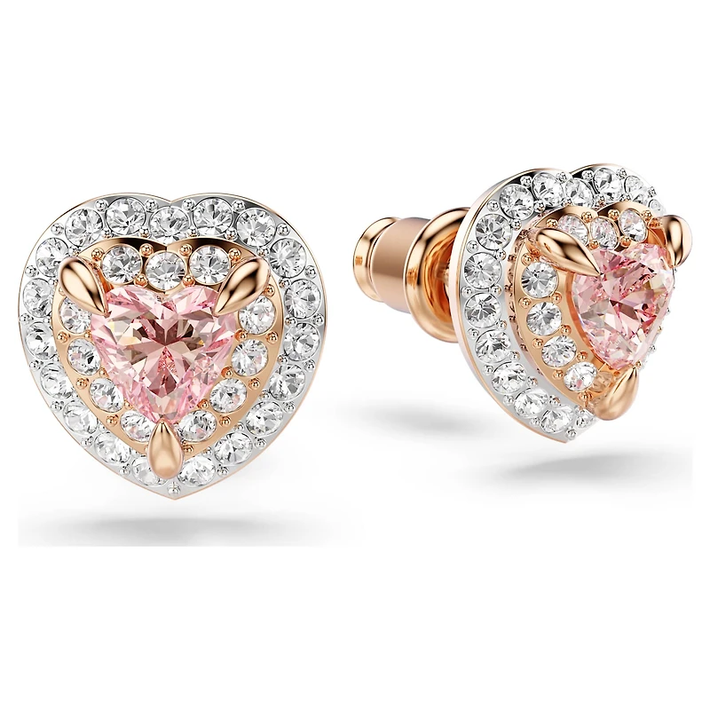 One stud earrings, Heart cut, Pavé, Heart, Pink, 18K rose gold finish