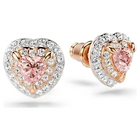 One stud earrings, Heart cut, Pavé, Heart, Pink, 18K rose gold finish