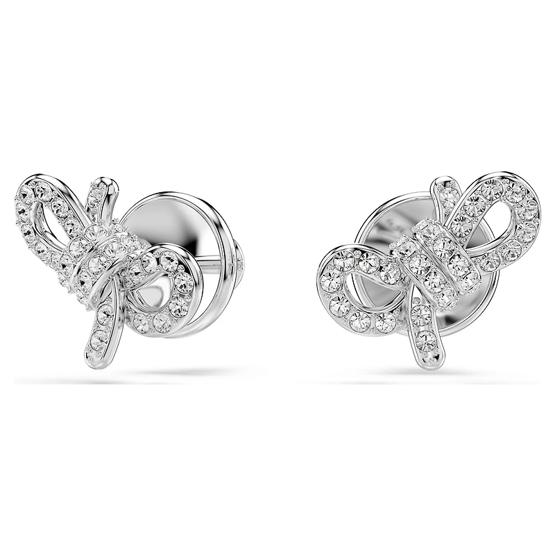 Lifelong stud earrings, Pavé, Bow, White, Rhodium plated by SWAROVSKI