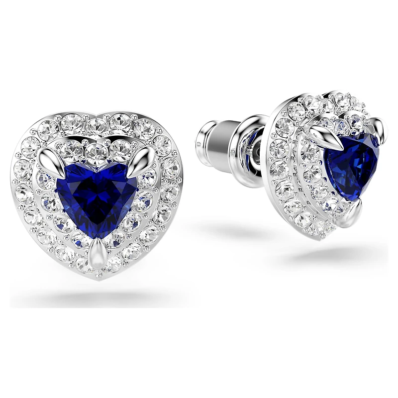 One stud earrings, Heart cut, Pavé, Heart, Blue, Rhodium plated by SWAROVSKI
