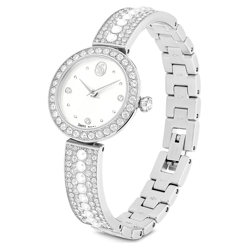 Matrix pearl bangle watch, Swiss Made, Crystal bracelet, White, Stainless steel by SWAROVSKI