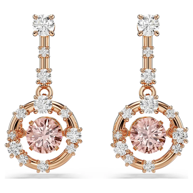 Constella drop earrings, Round cut, Dancing stone, Pink, 18K rose gold finish