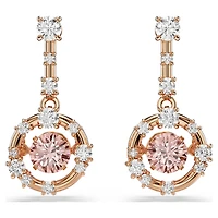 Constella drop earrings, Round cut, Dancing stone, Pink, 18K rose gold finish