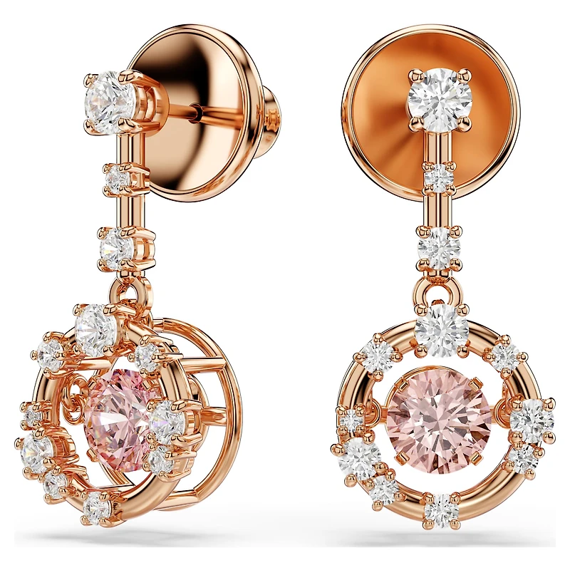 Constella drop earrings, Round cut, Dancing stone, Pink, Rose gold-tone plated by SWAROVSKI