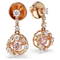 Constella drop earrings, Round cut, Dancing stone, Pink, 18K rose gold finish