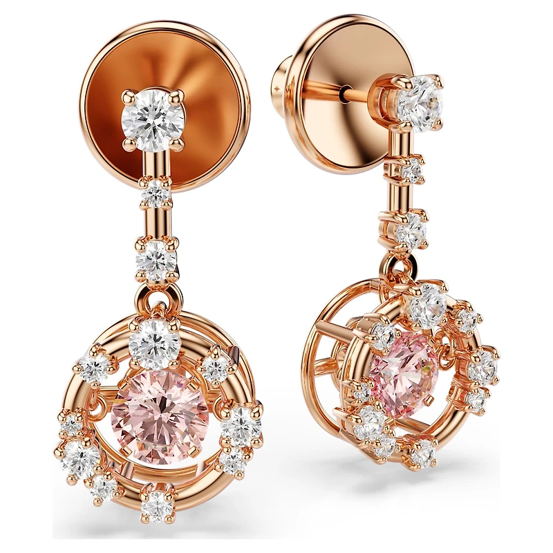Constella drop earrings, Round cut, Dancing stone, Pink, Rose gold-tone plated by SWAROVSKI