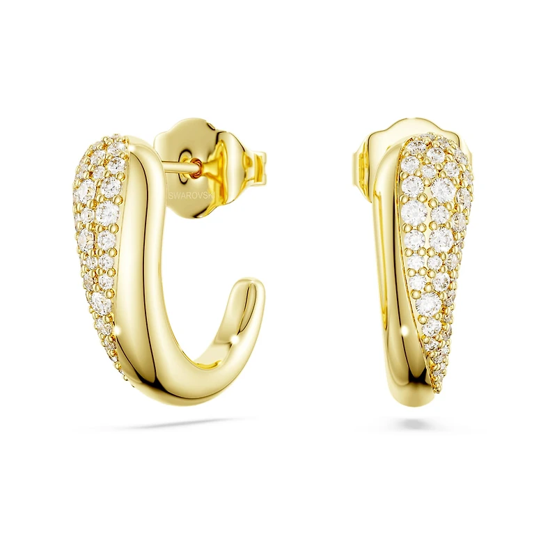Swarovski Classica hoop earrings, Round cut, White, Sterling silver, 18K gold finish