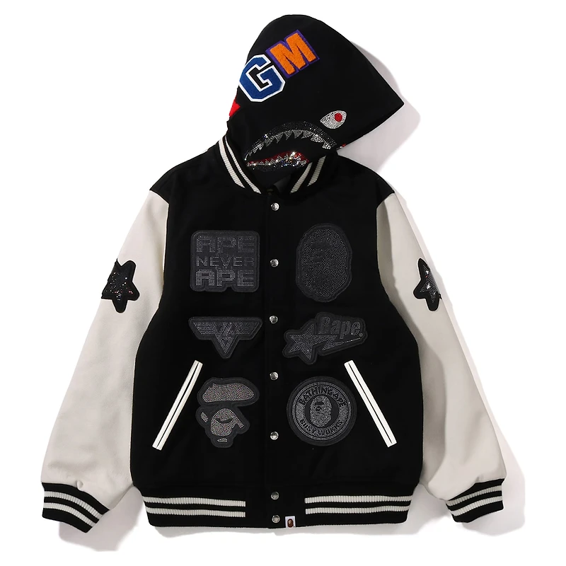 A BATHING APE® Shark Hooded Varsity Jacket, Black and white