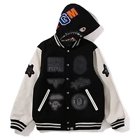 A BATHING APE® Shark Hooded Varsity Jacket, Black and white