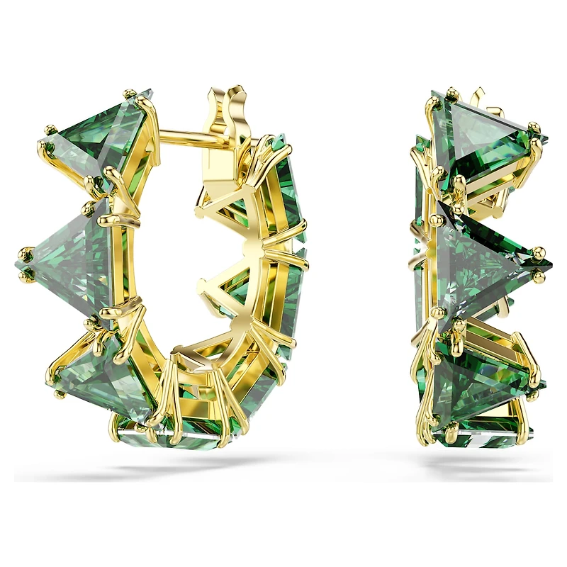 Matrix hoop earrings, Triangle cut, Triangle, Mini, Green, 18K gold finish
