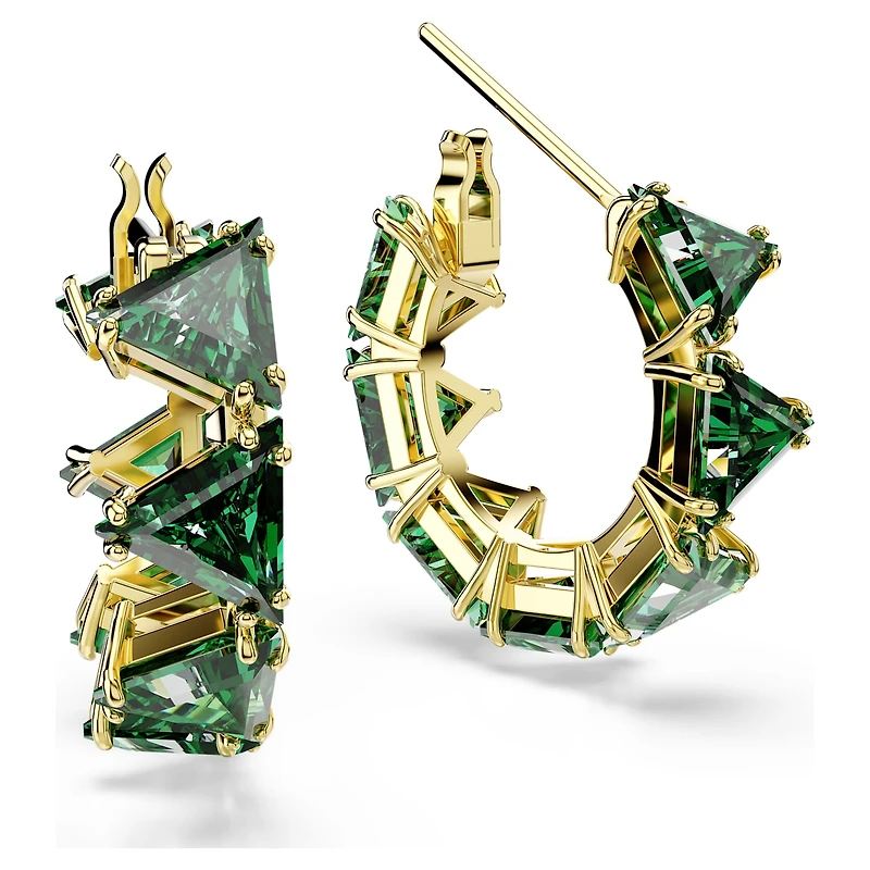 Matrix hoop earrings, Triangle cut, Triangle, Mini, Green, 18K gold finish