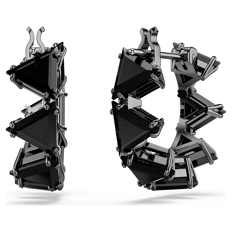 Matrix hoop earrings, Triangle cut, Triangle, Mini, Black, Ruthenium plated by SWAROVSKI