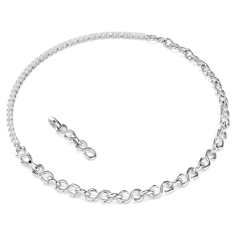 Matrix necklace, S-shape, Round cut, White, Rhodium plated