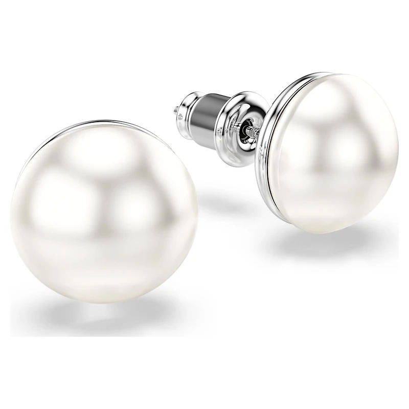 Matrix stud earrings, Crystal pearl, White, Rhodium plated by SWAROVSKI